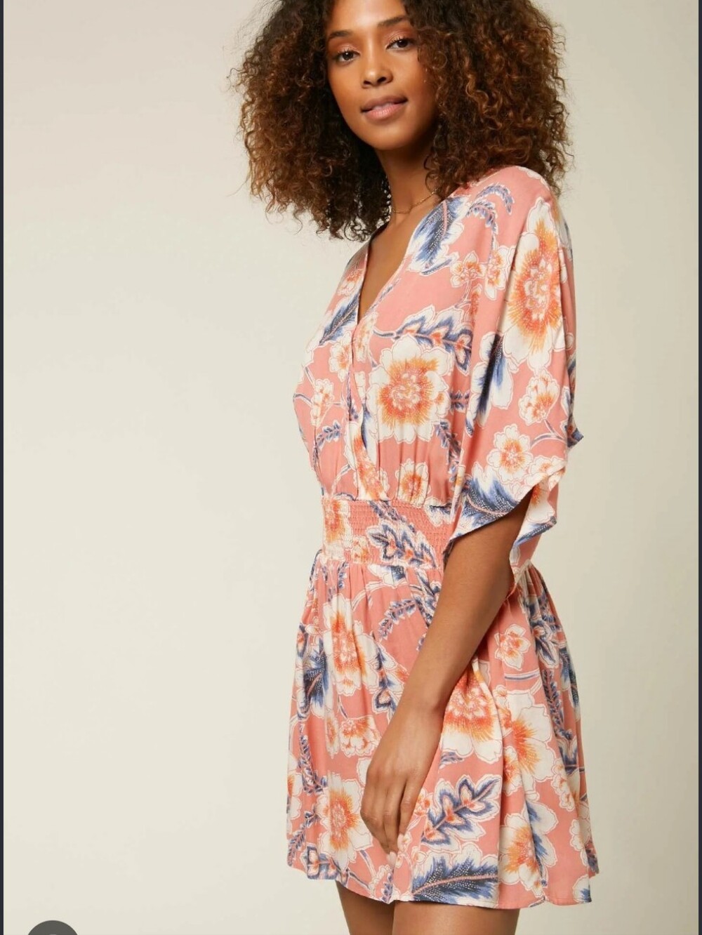 O'Neil Floral V-Neck Smocked Waist Dress in Coral